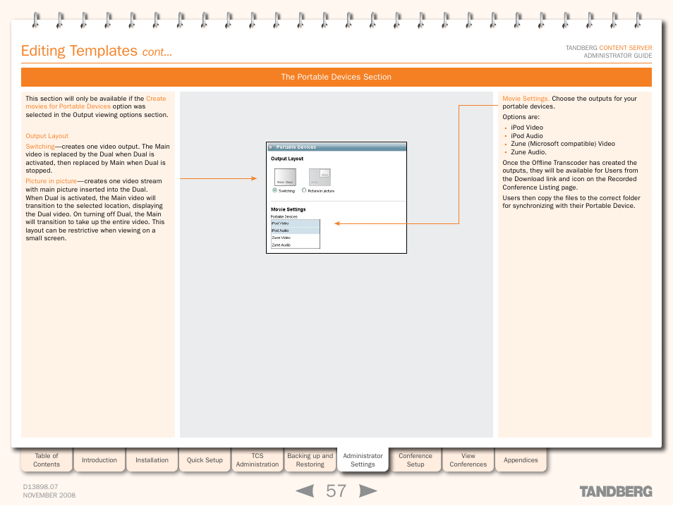 The portable devices section, Editing templates, Cont | TANDBERG 1D13898.07 User Manual | Page 57 / 137