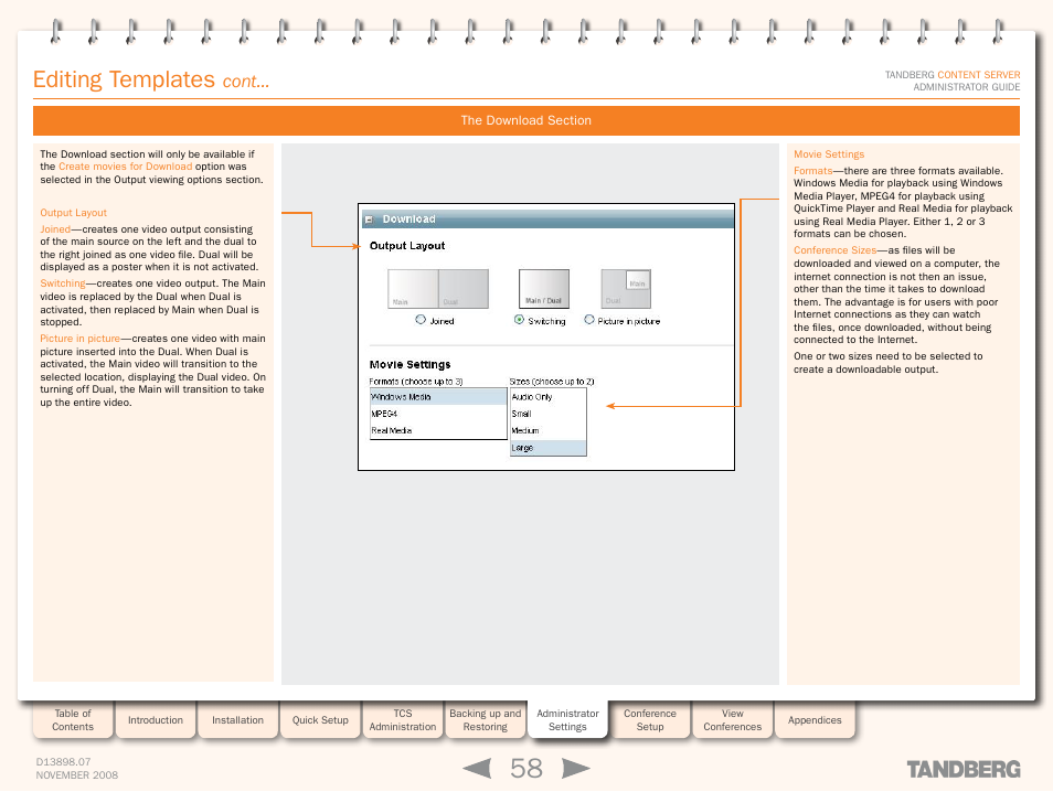 The download section, Editing templates, Cont | TANDBERG 1D13898.07 User Manual | Page 58 / 137