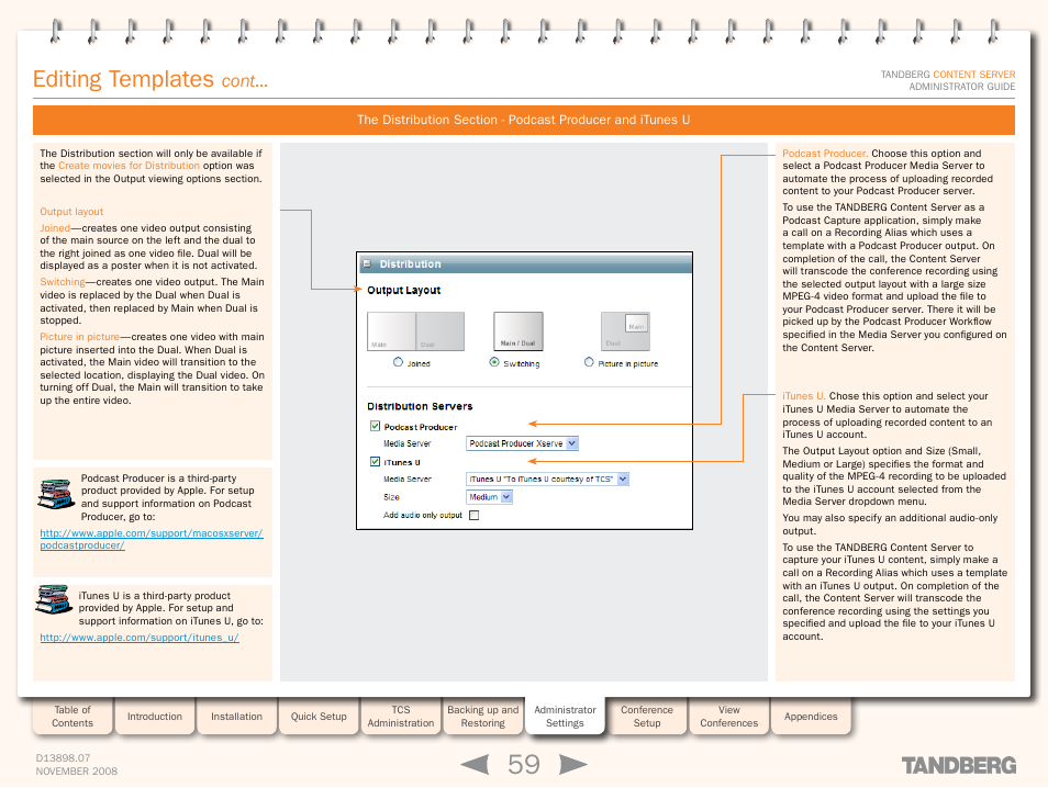 The distribution section - podcast, Producer and itunes u, Editing templates | Cont | TANDBERG 1D13898.07 User Manual | Page 59 / 137