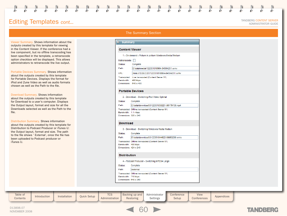 The summary section, Editing templates, Cont | TANDBERG 1D13898.07 User Manual | Page 60 / 137