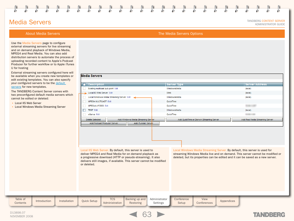 Media servers, About media servers, The media servers options | About media servers the media servers options, Media server | TANDBERG 1D13898.07 User Manual | Page 63 / 137