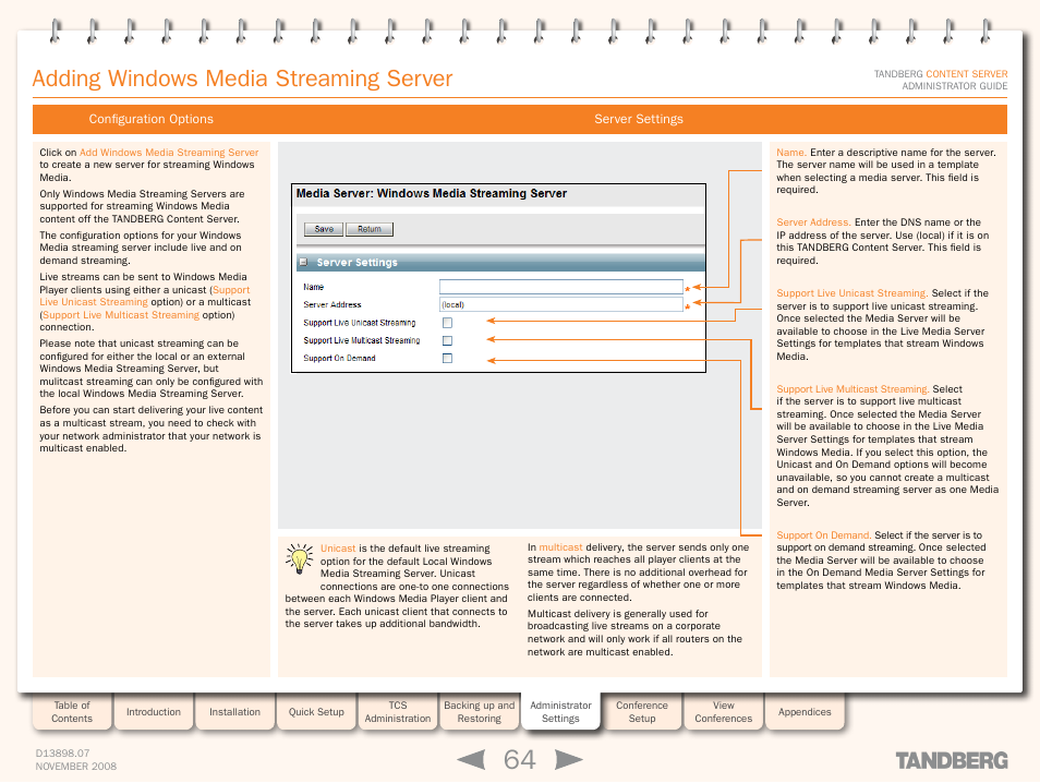 Adding windows media streaming server, Configuration options, Server settings | Configuration options server settings | TANDBERG 1D13898.07 User Manual | Page 64 / 137