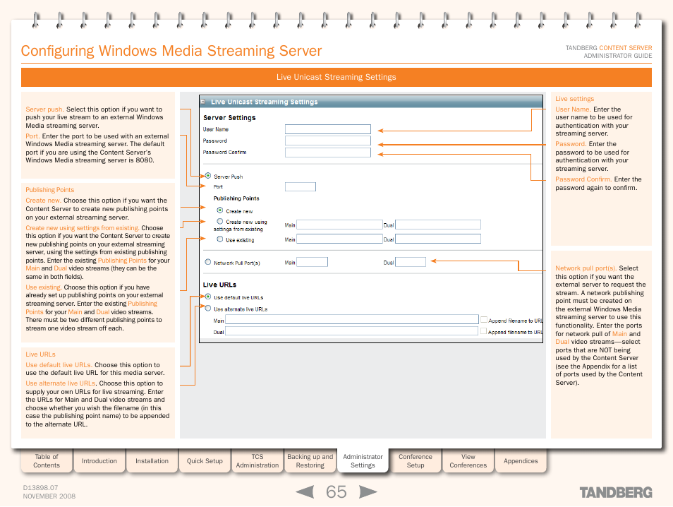 Configuring windows media streaming server, Live unicast streaming settings | TANDBERG 1D13898.07 User Manual | Page 65 / 137