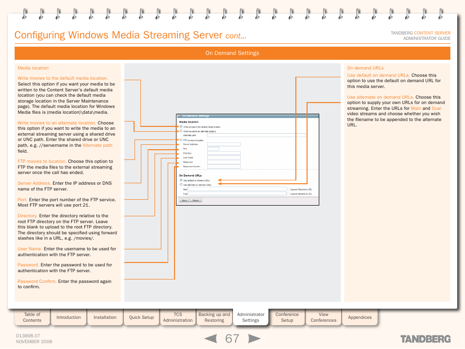 On demand settings, Configuring windows media streaming server, Cont | TANDBERG 1D13898.07 User Manual | Page 67 / 137