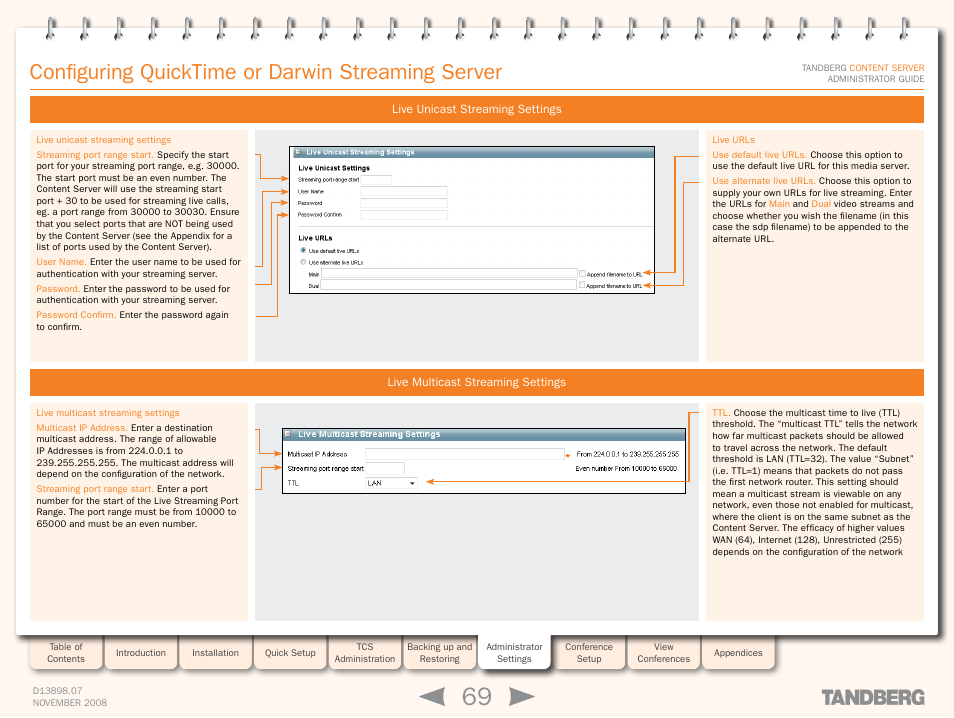 Configuring quicktime or darwin streaming server, Live unicast streaming settings, Live multicast streaming settings | TANDBERG 1D13898.07 User Manual | Page 69 / 137