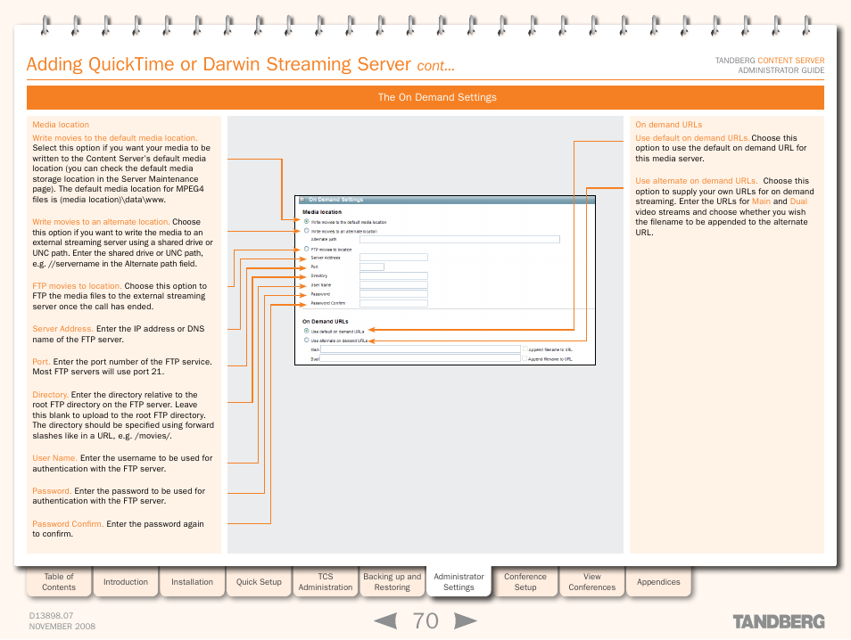 The on demand settings, Adding quicktime or darwin streaming server, Cont | TANDBERG 1D13898.07 User Manual | Page 70 / 137