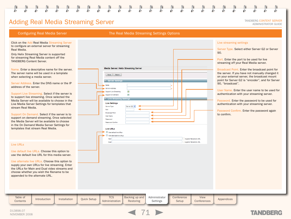 Configuring real media server, The real media streaming settings options, Adding real media streaming server | TANDBERG 1D13898.07 User Manual | Page 71 / 137