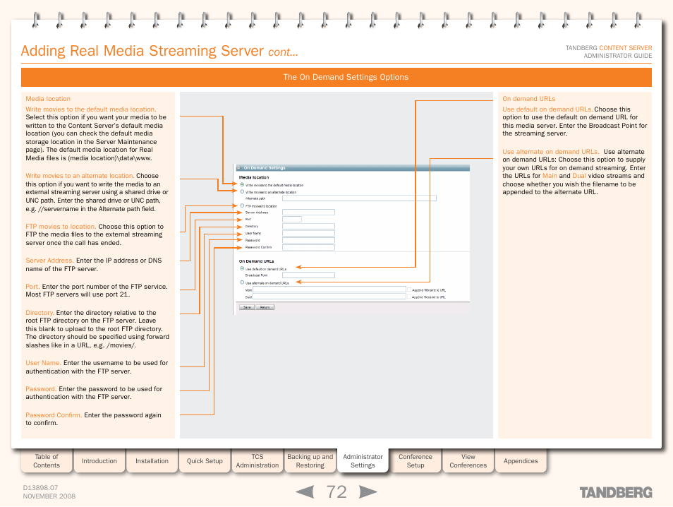The on demand settings options, Adding real media streaming server, Cont | TANDBERG 1D13898.07 User Manual | Page 72 / 137