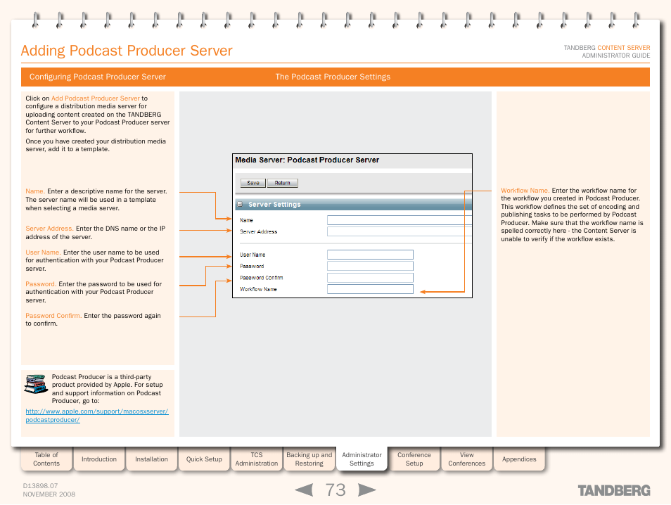 Configuring podcast producer server, The podcast producer settings, Adding podcast producer server | TANDBERG 1D13898.07 User Manual | Page 73 / 137