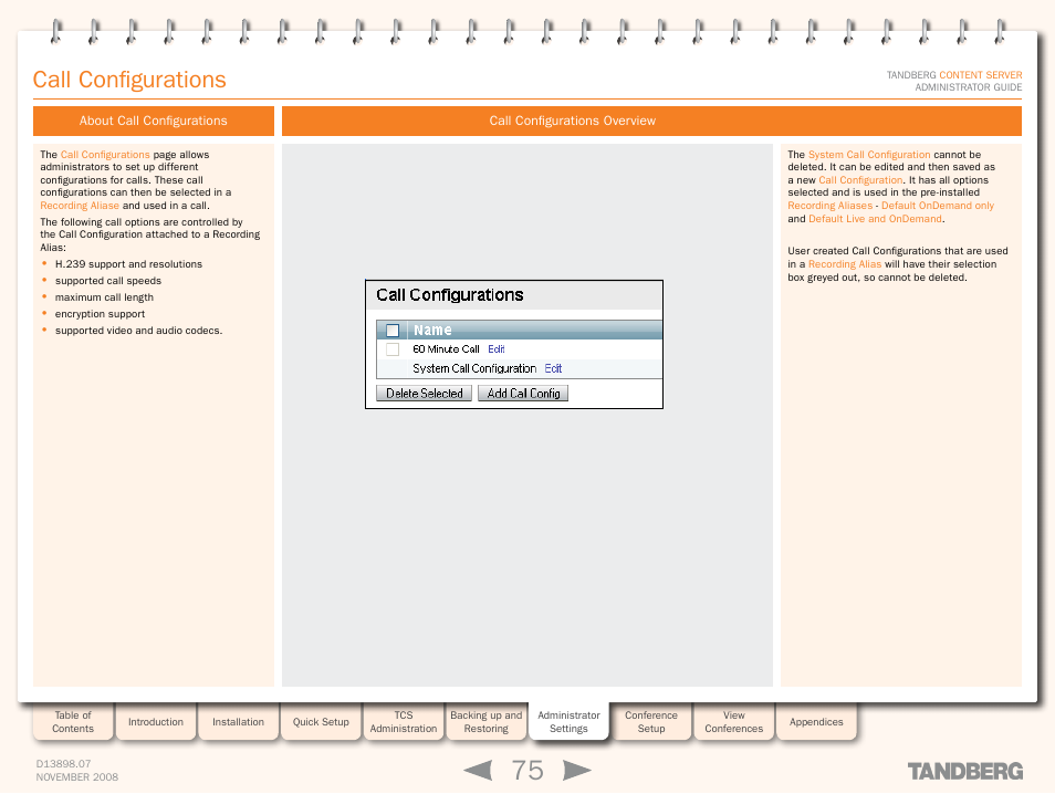 Call configurations, About call configurations, Call configurations overview | TANDBERG 1D13898.07 User Manual | Page 75 / 137