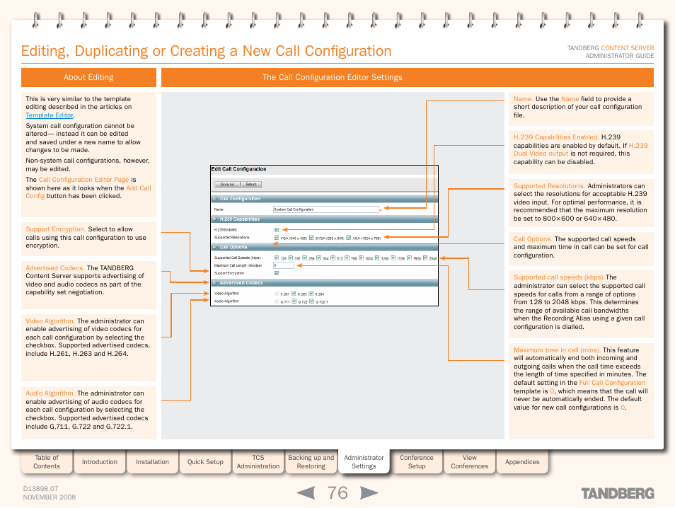 About editing, The call configuration editor settings | TANDBERG 1D13898.07 User Manual | Page 76 / 137
