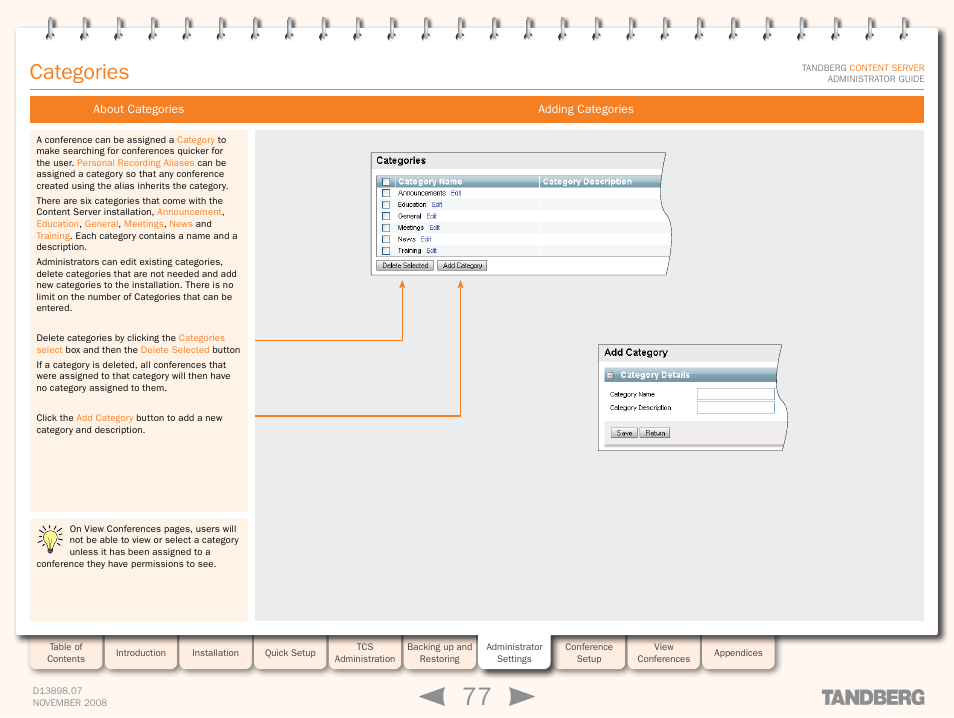 Categories, About categories, Adding categories | About categories adding categories, Section | TANDBERG 1D13898.07 User Manual | Page 77 / 137