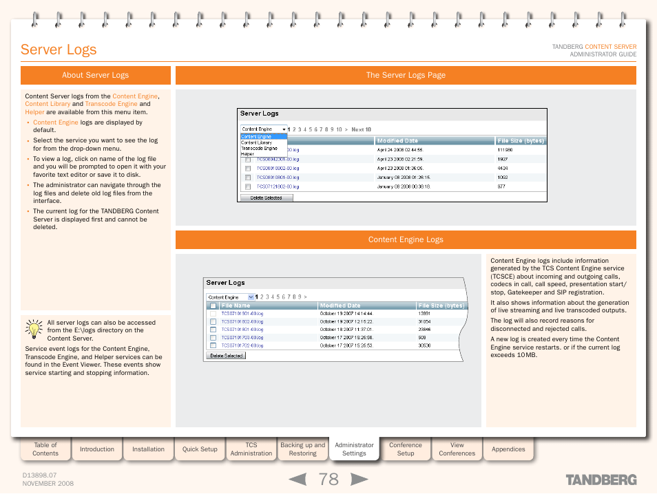 Server logs, About server logs, Content engine logs | TANDBERG 1D13898.07 User Manual | Page 78 / 137