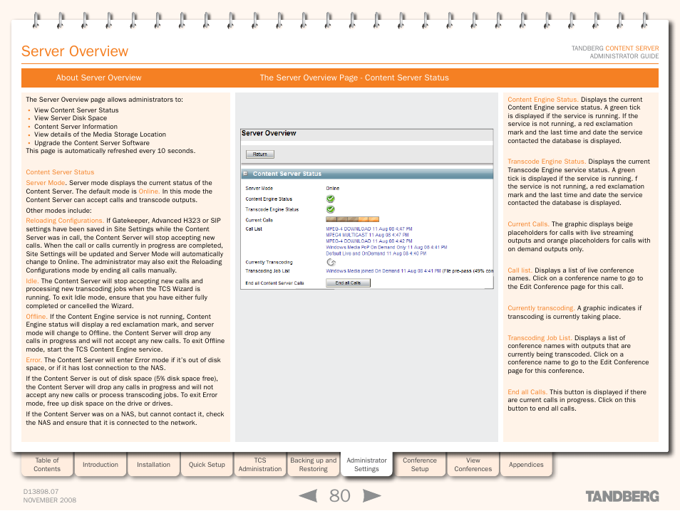 Server overview, About server overview | TANDBERG 1D13898.07 User Manual | Page 80 / 137