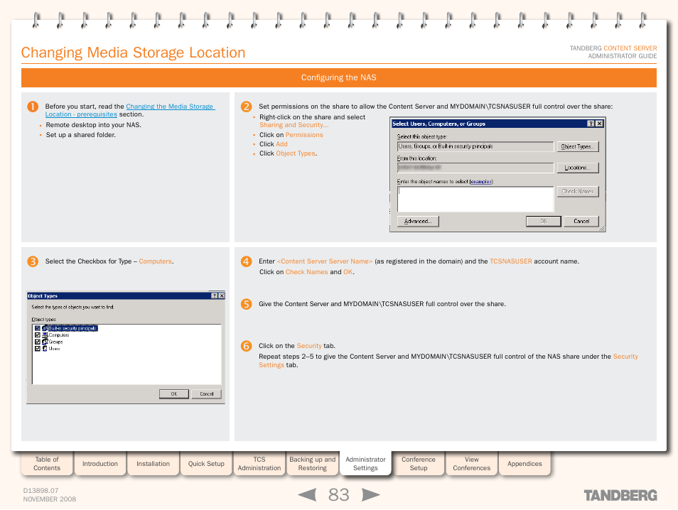 Changing media storage location, Configuring the nas, Configure your na | TANDBERG 1D13898.07 User Manual | Page 83 / 137