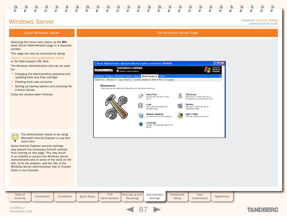Windows server, About windows server, Windows server setup | TANDBERG 1D13898.07 User Manual | Page 87 / 137
