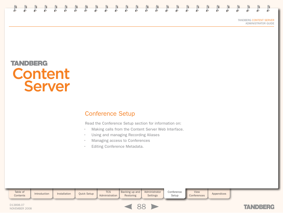 Conference setup, Conference, Setup | Operation, Content server | TANDBERG 1D13898.07 User Manual | Page 88 / 137