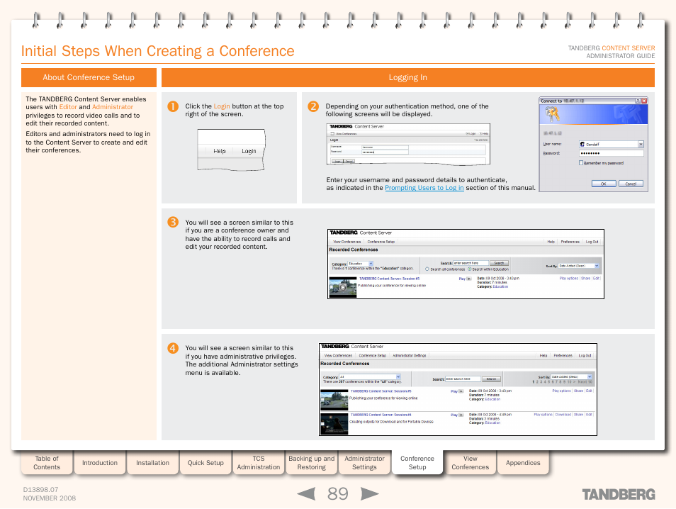 Initial steps when creating a conference, About conference setup, Logging in | About conference setup logging in | TANDBERG 1D13898.07 User Manual | Page 89 / 137