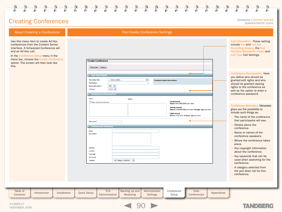 Creating conferences, About creating a conference, The create conference settings | TANDBERG 1D13898.07 User Manual | Page 90 / 137