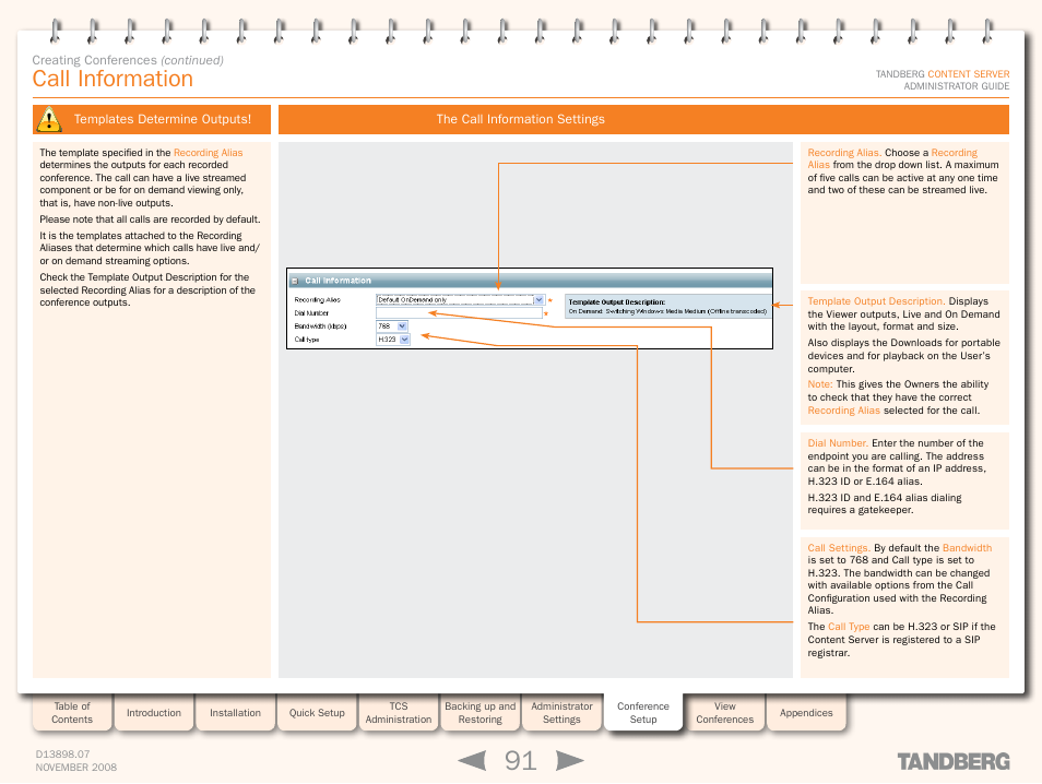 Call information, Templates determine outputs, The call information settings | TANDBERG 1D13898.07 User Manual | Page 91 / 137
