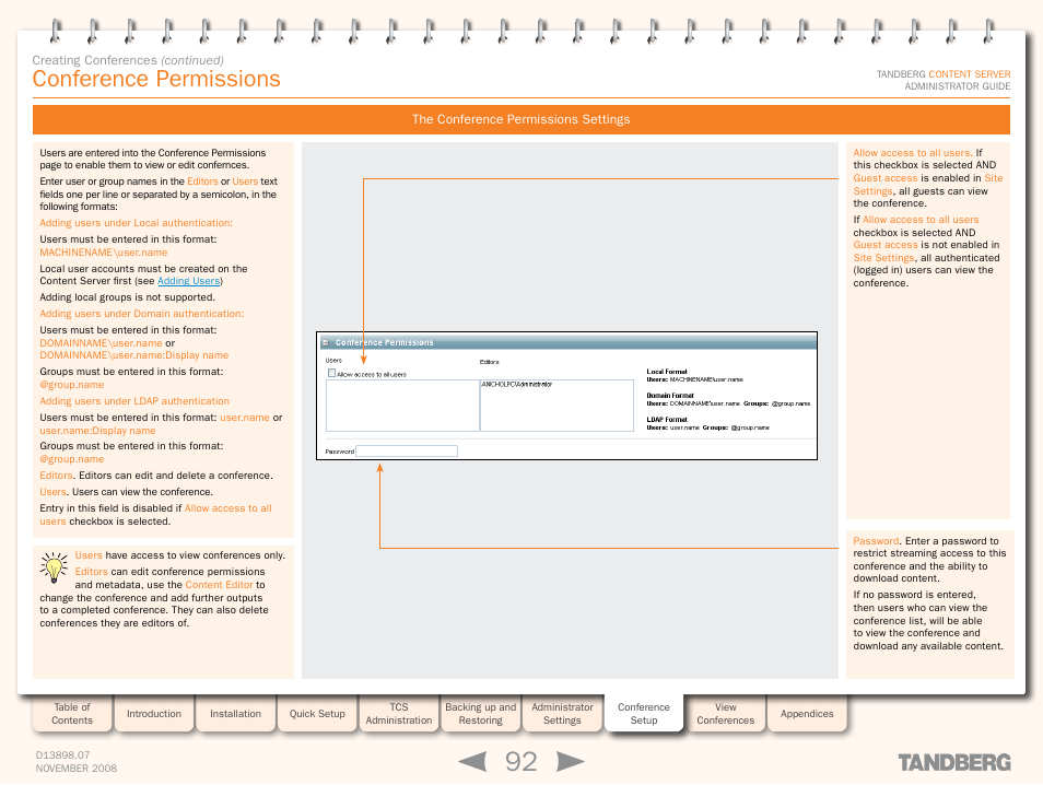 Conference permissions, The conference permissions settings | TANDBERG 1D13898.07 User Manual | Page 92 / 137