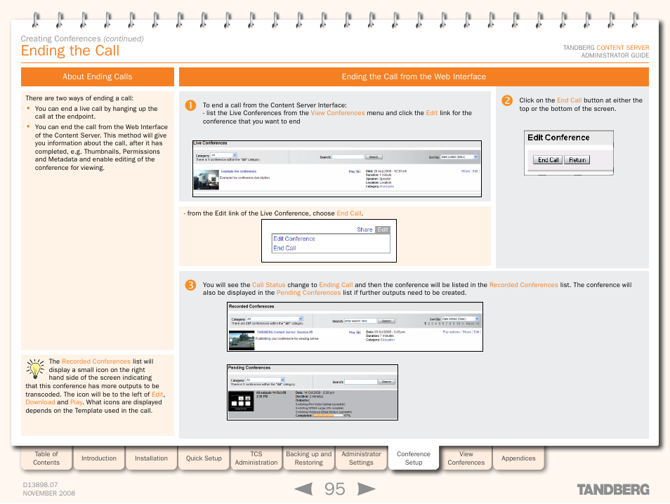 Ending the call, About ending calls, Ending the call from the web interface | Pending conferences | TANDBERG 1D13898.07 User Manual | Page 95 / 137