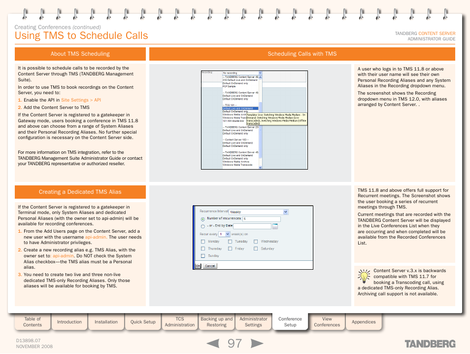 Using tms to schedule calls, About tms scheduling, Creating a dedicated tms alias | Scheduling calls with tms, Using, Tms to schedule calls, Section | TANDBERG 1D13898.07 User Manual | Page 97 / 137