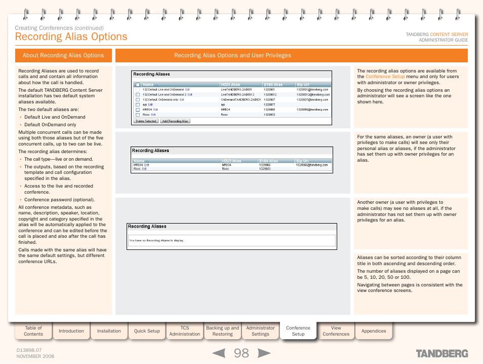 Recording alias options, About recording alias options, Recording alias options and user privileges | Recording aliases, Section | TANDBERG 1D13898.07 User Manual | Page 98 / 137
