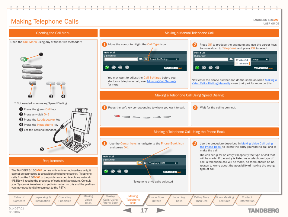 Making a telephone call using the phone book, Making a telephone call using speed dialling, Making a manual telephone call | Requirements, Opening the call menu, Making telephone calls | TANDBERG 150MXP User Manual | Page 17 / 36