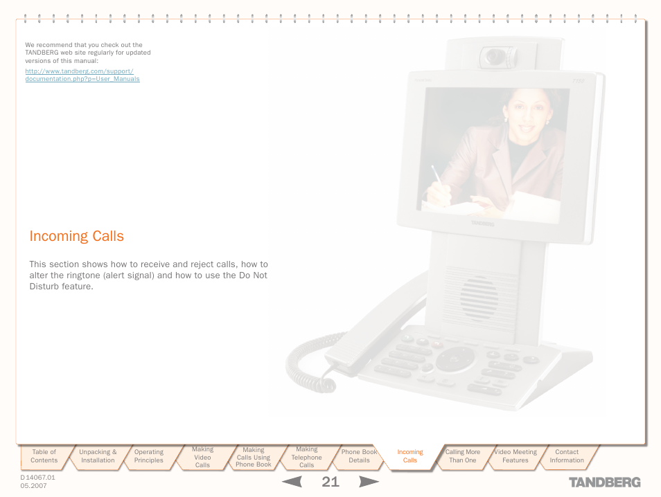 Incoming calls, Incoming, Calls | TANDBERG 150MXP User Manual | Page 21 / 36