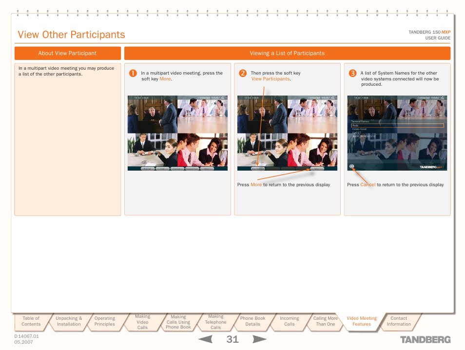 View other participants, About view participant, Viewing a list of participants | TANDBERG 150MXP User Manual | Page 31 / 36