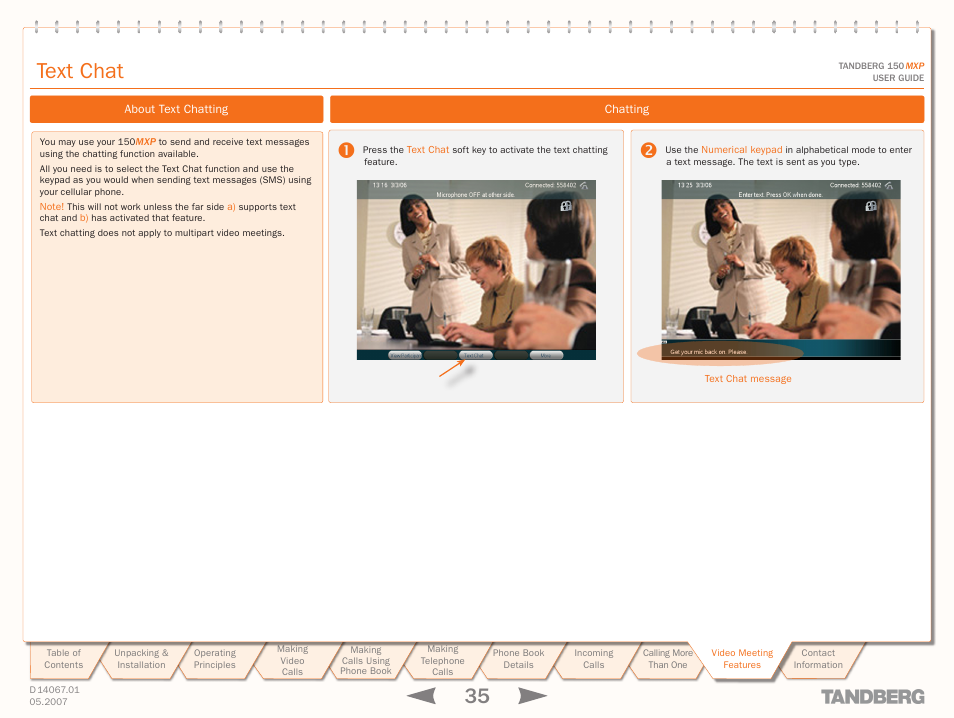Text chat, About text chatting, Chatting | About text chatting chatting | TANDBERG 150MXP User Manual | Page 35 / 36
