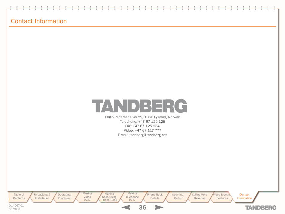 Contact information, Contact, Information | TANDBERG 150MXP User Manual | Page 36 / 36