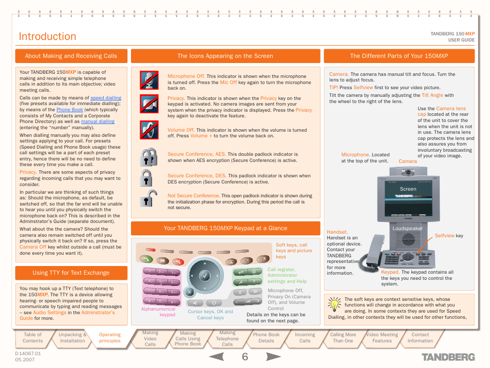 Introduction, About making and receiving calls, Using tty for text exchange | The icons appearing on the screen, Your tandberg 150mxp keypad at a glance, The different parts of your 150mxp | TANDBERG 150MXP User Manual | Page 6 / 36