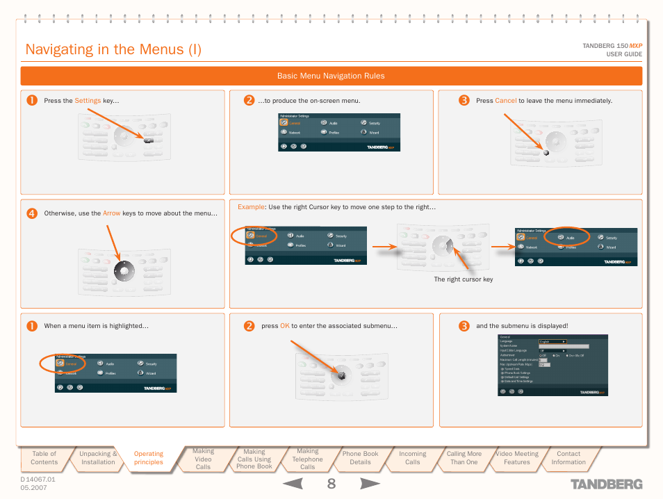 Navigating in the menus (i), Basic menu navigation rules, Navigating in the menus | Abc def, Jkl mno ghi, Tuv wxyz pqrs | TANDBERG 150MXP User Manual | Page 8 / 36