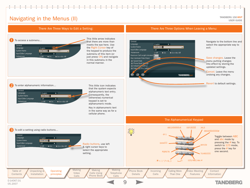 Navigating in the menus (ii) | TANDBERG 150MXP User Manual | Page 9 / 36