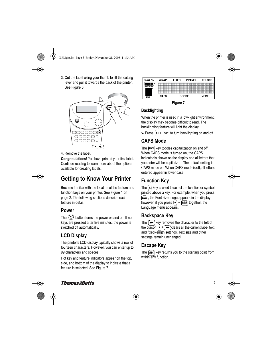 Getting to know your printer, Power, Lcd display | Caps mode, Function key, Backspace key, Escape key | Thomas & Betts EZL-100 User Manual | Page 5 / 12