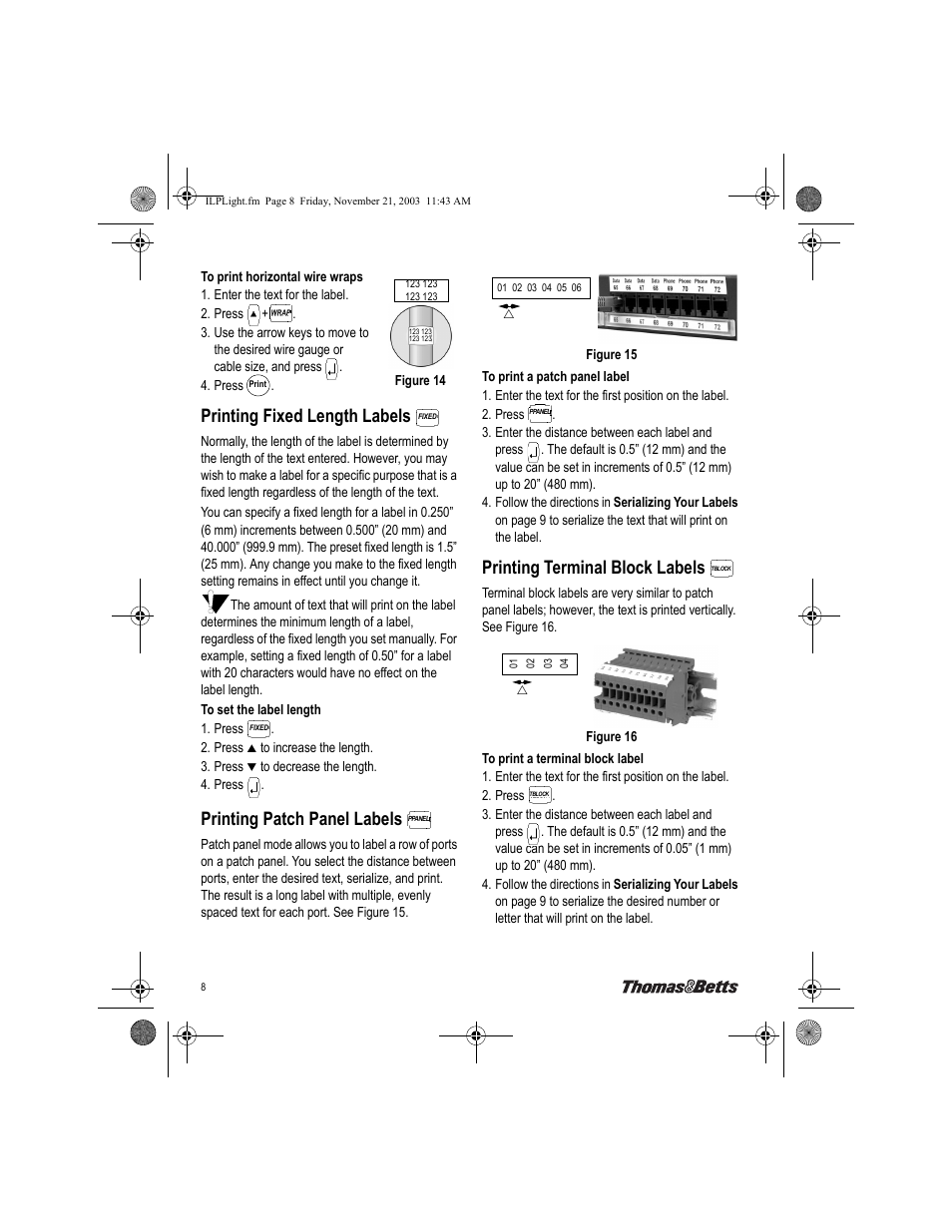 Printing fixed length labels, Printing patch panel labels, Printing terminal block labels | Thomas & Betts EZL-100 User Manual | Page 8 / 12