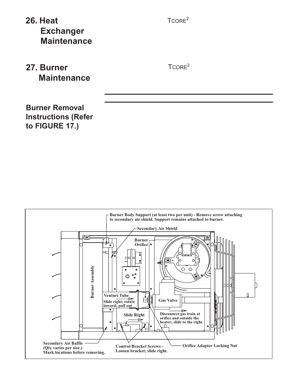 Burner maintenance, Heat exchanger maintenance, Burner removal instructions (refer to figure 17.) | Caution: use of eye protection is recommended | Thomas & Betts UDAP User Manual | Page 29 / 36