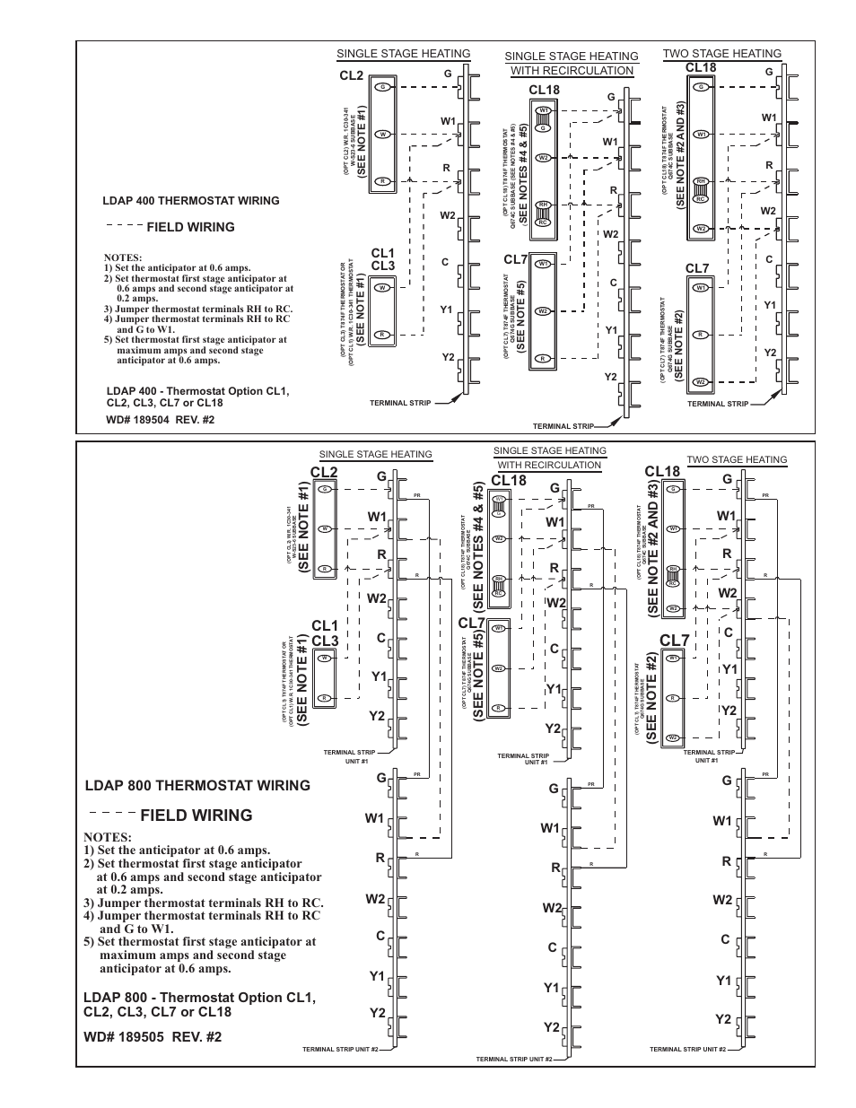 Cl18 cl7, Ldap 800 thermostat wiring, Field wiring | Cl2 cl1 cl3, Cl18, Cl18 cl7 cl7, W2 r w1 g, W2 r w1 g w2, W1 r g, W2 w1 r g | Thomas & Betts LDAP 1200 User Manual | Page 15 / 40