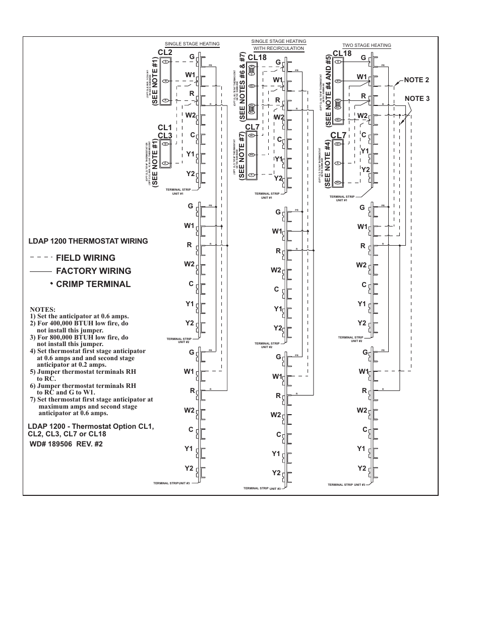 Thermostat and connections (cont’d), Factory wiring crimp terminal, Field wiring | Ldap 1200 thermostat wiring, Cl2 cl1 cl3, Cl18 cl7, Cl18, W2 r w1 g, W2 w1 r g, Y2 y1 c | Thomas & Betts LDAP 1200 User Manual | Page 16 / 40