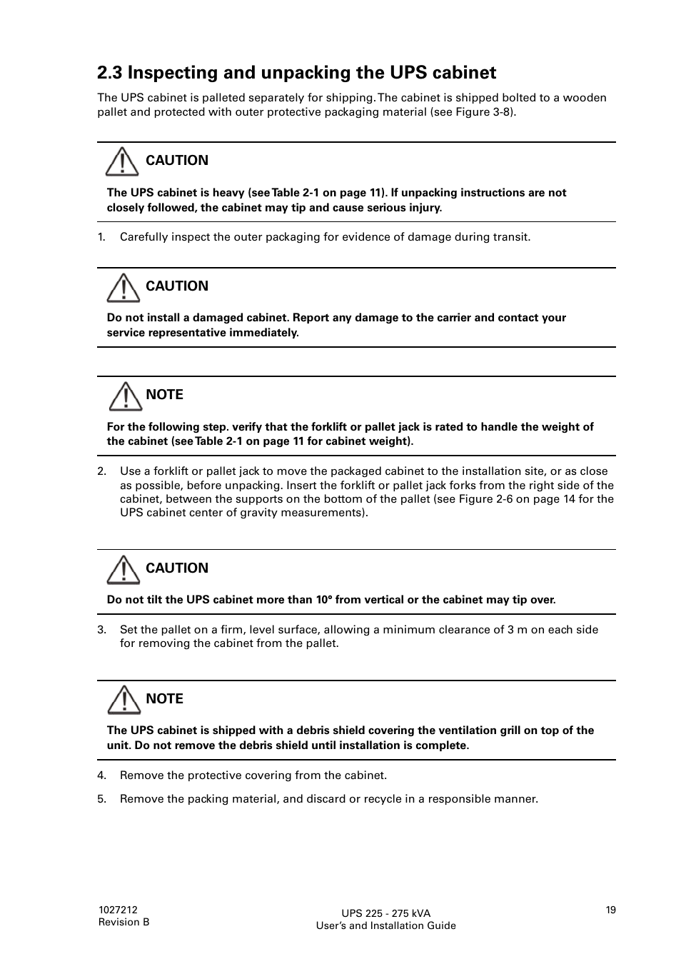 3 inspecting and unpacking the ups cabinet | Thomas & Betts 9395 User Manual | Page 19 / 74