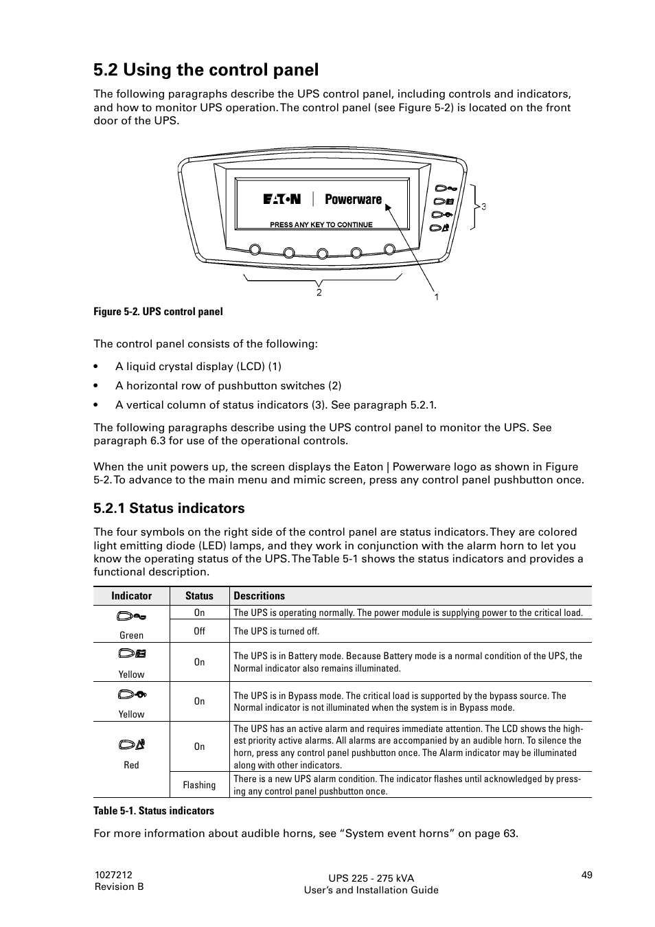 2 using the control panel, 1 status indicators | Thomas & Betts 9395 User Manual | Page 49 / 74