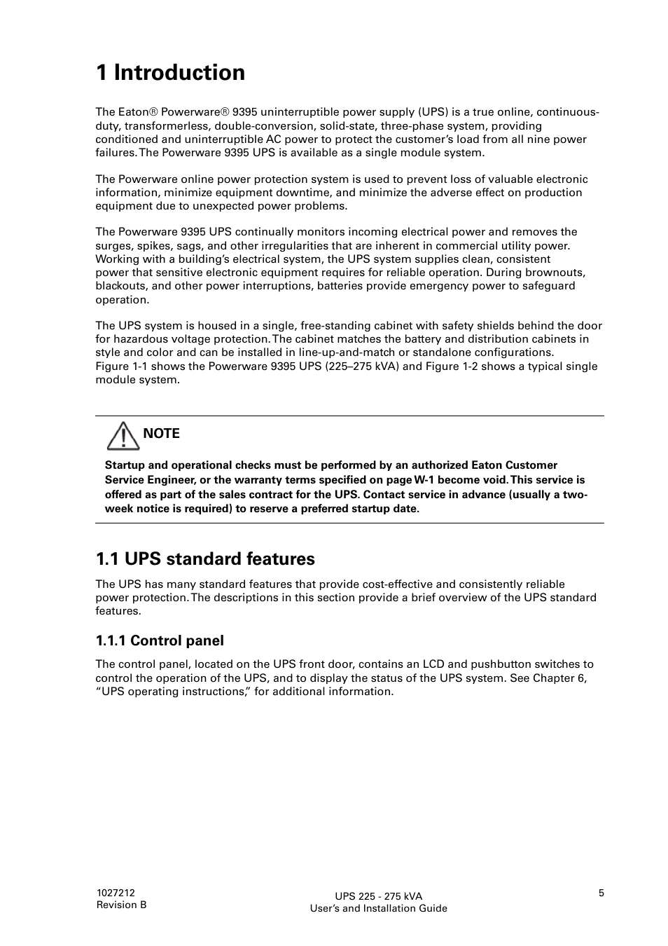 1 introduction, 1 ups standard features | Thomas & Betts 9395 User Manual | Page 5 / 74