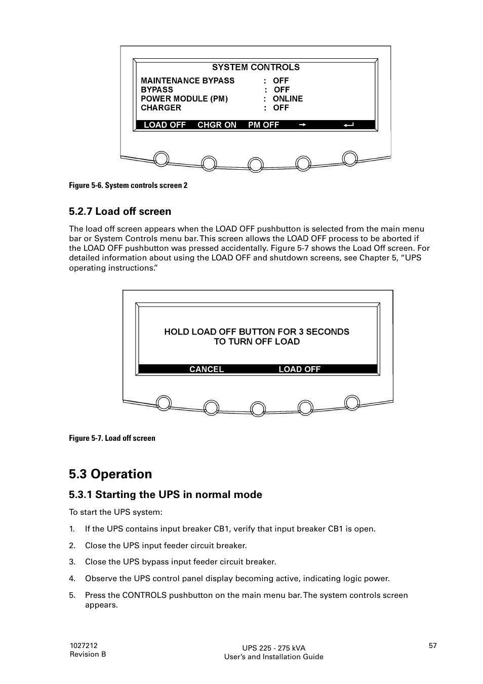 3 operation, 7 load off screen, 1 starting the ups in normal mode | Thomas & Betts 9395 User Manual | Page 57 / 74