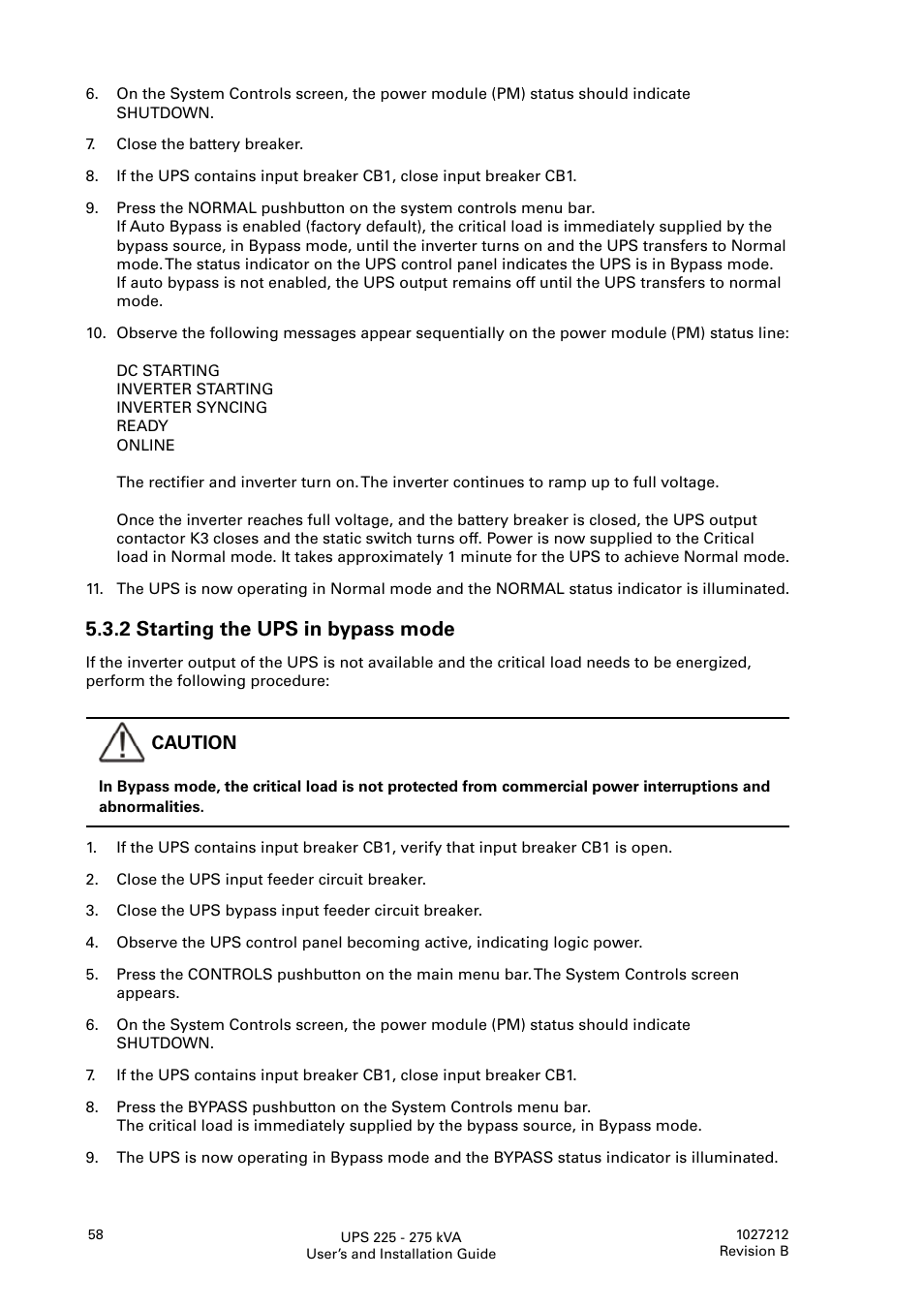 2 starting the ups in bypass mode | Thomas & Betts 9395 User Manual | Page 58 / 74