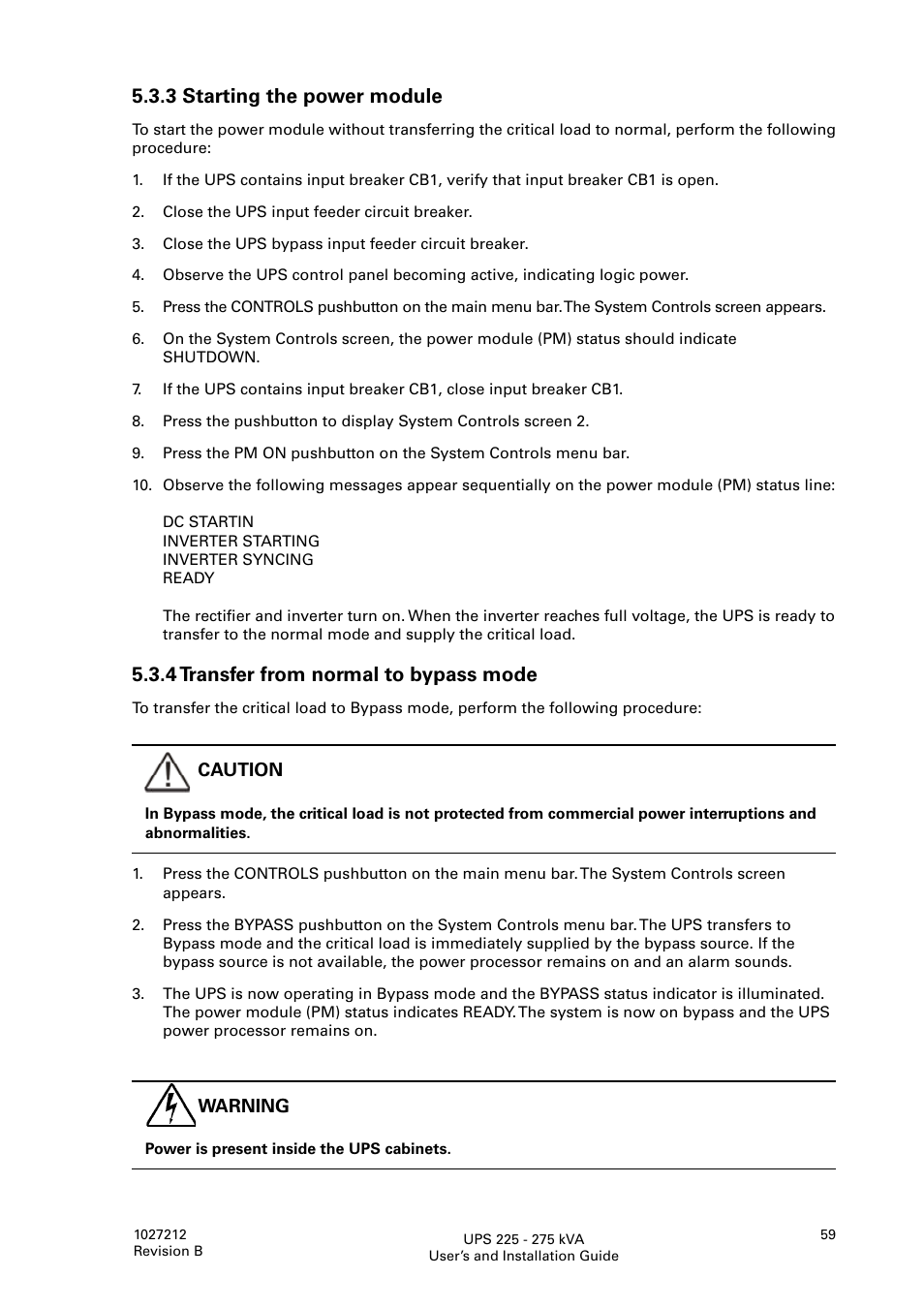 3 starting the power module, 4 transfer from normal to bypass mode | Thomas & Betts 9395 User Manual | Page 59 / 74