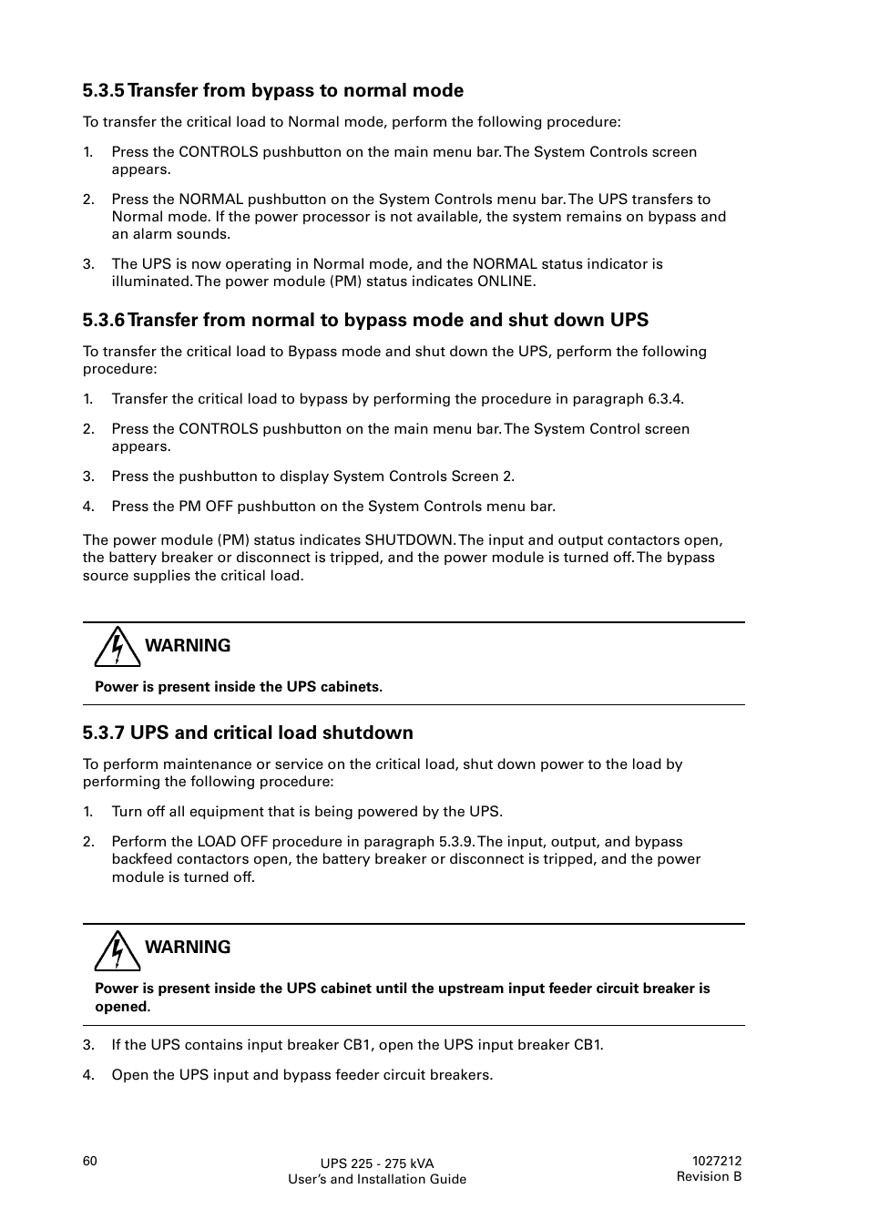 5 transfer from bypass to normal mode, 7 ups and critical load shutdown | Thomas & Betts 9395 User Manual | Page 60 / 74