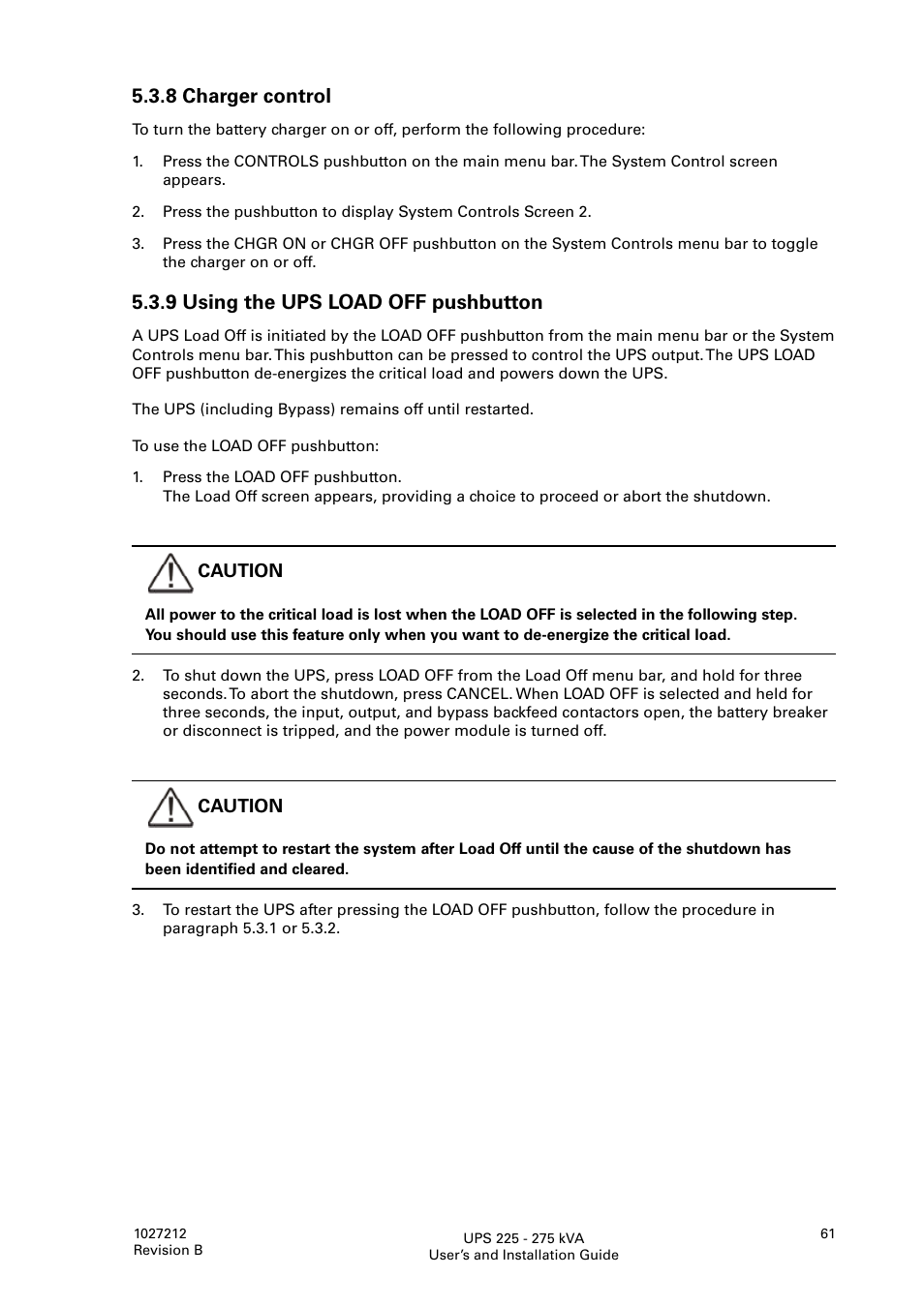 8 charger control, 9 using the ups load off pushbutton | Thomas & Betts 9395 User Manual | Page 61 / 74