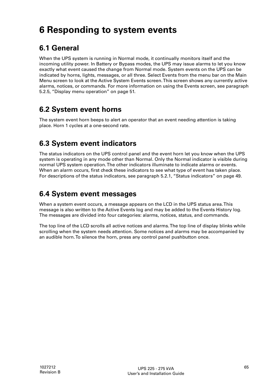 6 responding to system events, 1 general, 2 system event horns | 3 system event indicators, 4 system event messages | Thomas & Betts 9395 User Manual | Page 65 / 74